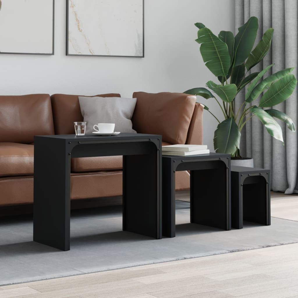 Juego de 3 Mesas Nido, Material Madera de Ingeniería y Metal, Diseño Industrial Apilable, Multifuncional y Compacto, Mesa Auxiliar Sofá, Muebles de Salón, Color Negro, 60x35x56 cm