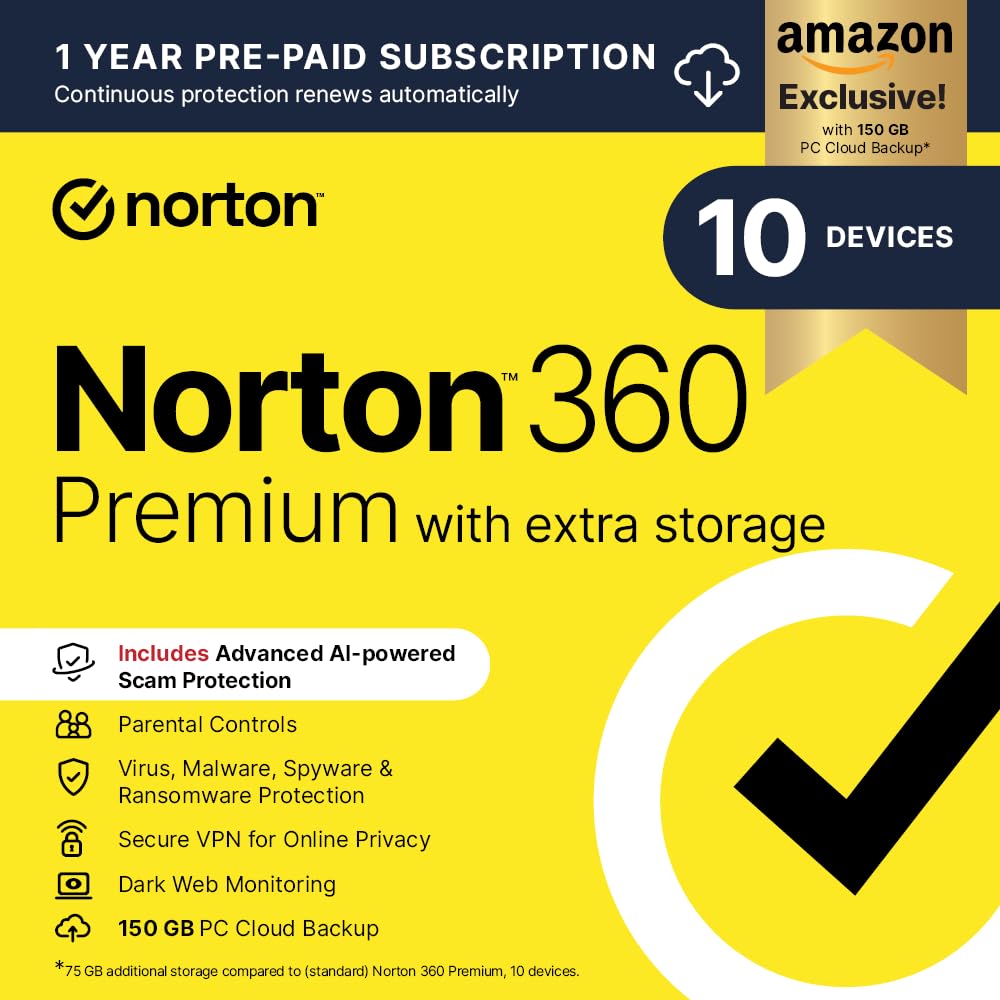 Norton 360 Premium with Extra Storage, 75 GB Extra Cloud Backup, Antivirus Software for 10 Devices and 1-year Subscription with Automatic Renewal