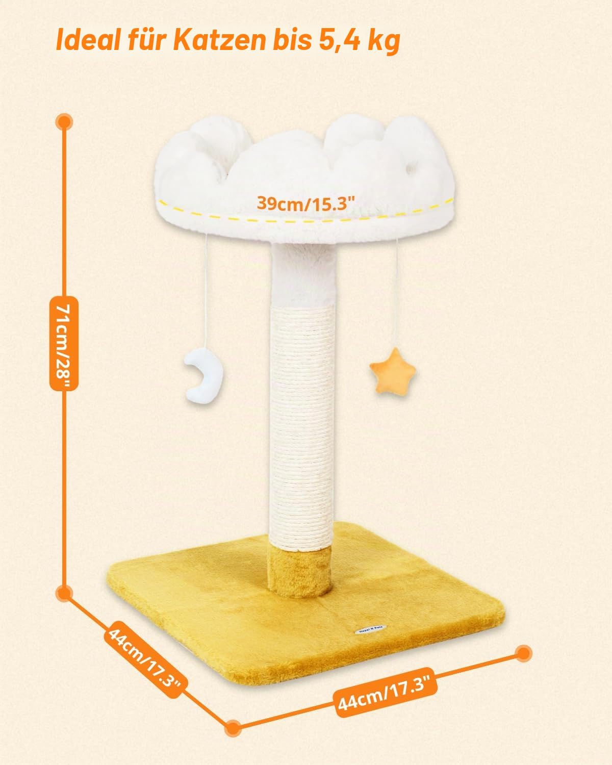 Happi N Pets Große Größe Wolke Kratzbaum mit Bett, Katzenbaum für Indoor Katzen, Natur Sisal Katzenkratzbaum mit Katze Weiche Sitzstange für Kätzchen & Erwachsene Katzen, Katzenturm mit Bällen,
