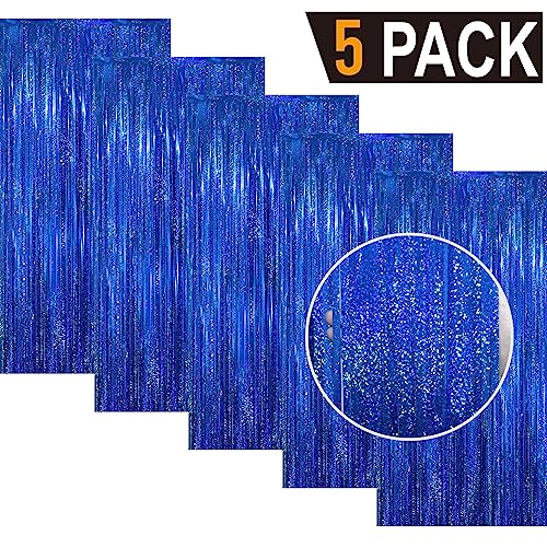 Image of GOER 3.2 ft x 8.2 ft Metallic Tinsel Foil Fringe Curtains Party Photo Backdrop Party Streamers for Birthday,Graduation,New Year Eve Decorations Wedding Decor(5 Packs,Shiny Blue)