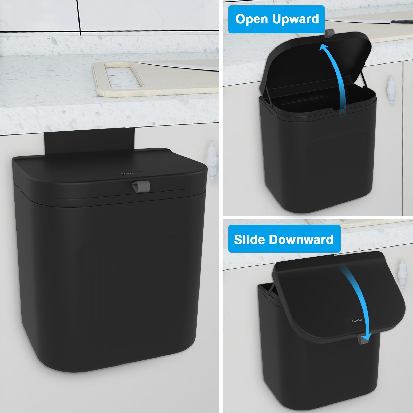 Naisu 3 Pack 1.12 Gallon Kitchen Garbage Bin for Counter Top or Under Sink, Stick on The Wall?Hanging Small Trash Can with lid for Cupboard/Bathroom/Bedroom/Office(Black)