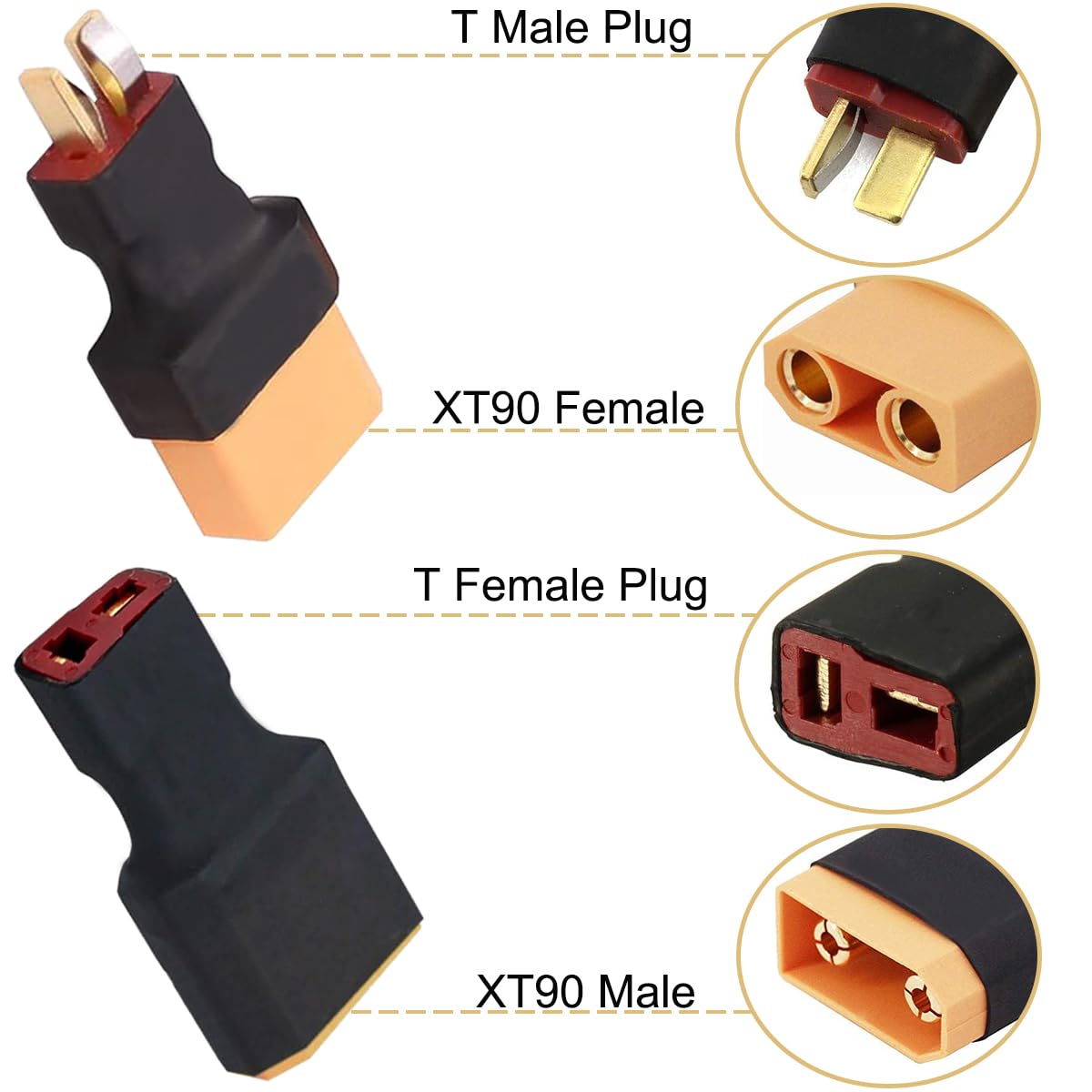 Xiatiaosann 4 sztuki XT90 adapter wtyczki na wtyczkę/gniazdo T, XT90 wtyk/gniazdo na wtyk T / gniazdo bez kabla adapter przyłącze do samochodu RC łodzi drona Lipo akumulator ładowarka
