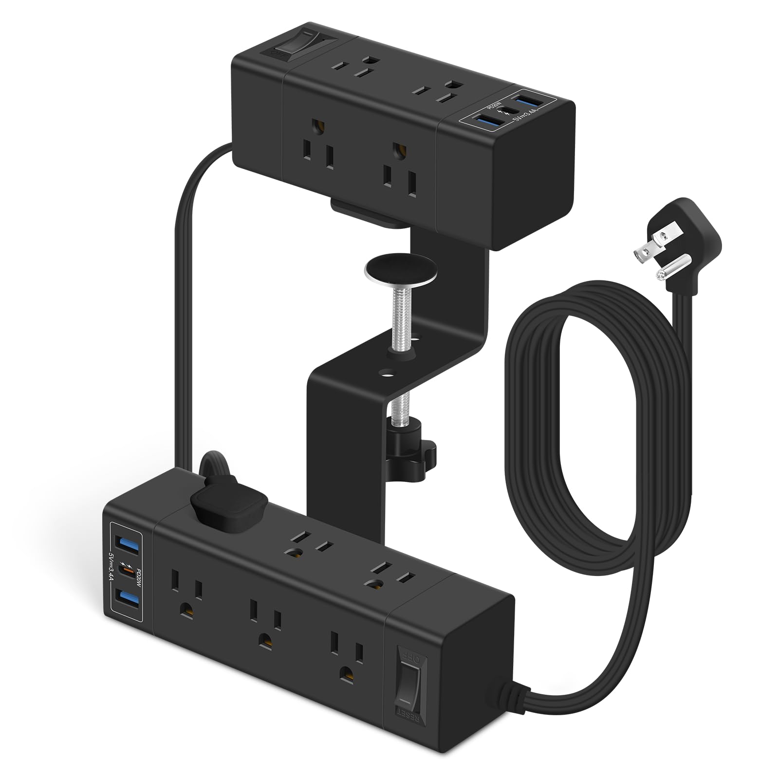 Dual Layer Desk Clamp Power Strip, 15 Outlets & 6 USB Ports