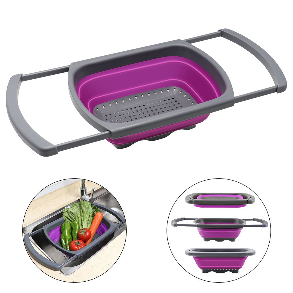 Colador plegable Qimh, colador de cocina, colador de verduras, coladores de frutas, coladores con asas extensibles, colador plegable apto para lavavajillas para cocina, 6 cuartos de galón, sin BPA