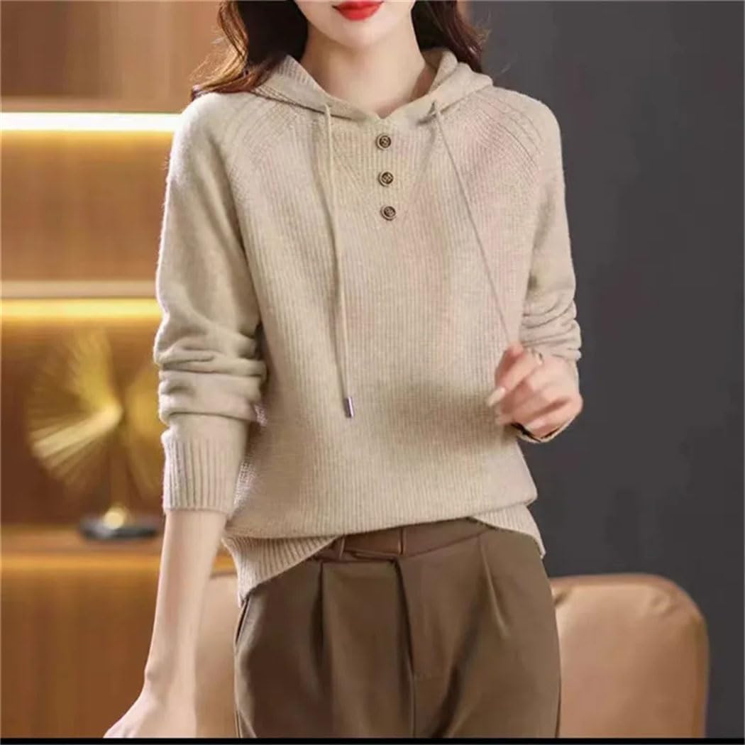 Women's Hooded Knitted Sweater Loose Casual Solid Color Sweater Coat Long Sleeve Vintage Woolen Pullover