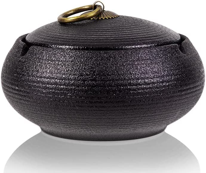 AF-WAN Retro Ceramic Ashtray with Lid for Outdoor Use, Simplicity Cigar Ashtray for Home and Office Decoration (11 x 7.2 cm) (Black)