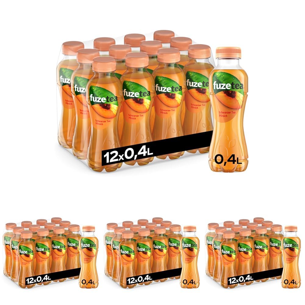 Fuze Tea Schwarzer Tee Pfirsich - außergewöhnliche Fusion aus Schwarztee und fruchtigem Pfirsich-Geschmack - Tee aus nachhaltigem Anbau - Einweg Flaschen (12 x 400 ml) (Packung mit 4)