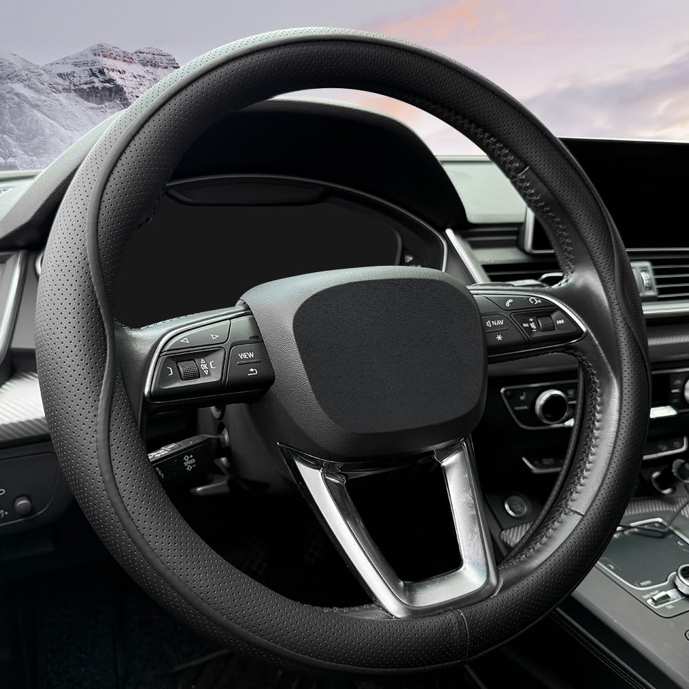 HAOTULE Coprivolante in pelle, con design a strisce antiscivolo, presa migliorata, stile alla moda, sicuro, antiscivolo, traspirante, per interni dell'auto (nero)