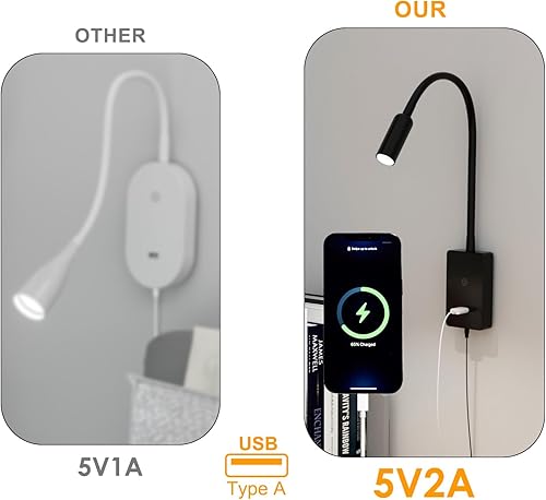 Miniatura 6 de ENUOTEK Luz de lectura LED de montaje en pared, luces de mesita de noche para cama, lámpara LED flexible negra para dormitorio, control táctil