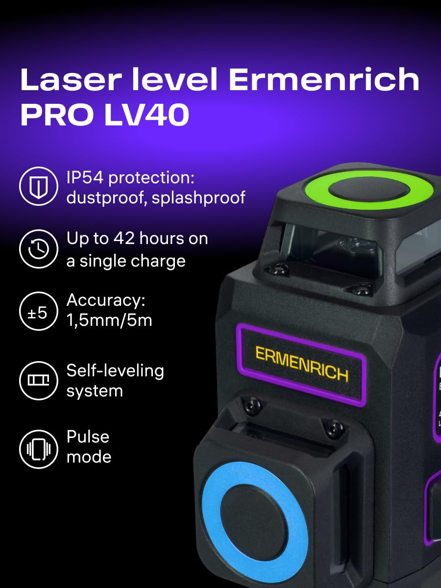 PRO LV40 Zielona Poziomica Laserowa Samopoziomująca Tryb Impulsowy 30 m 2D 8 Linii — 360° — IP54 42 Godziny Czasu Pracy Ładowalna Blokada Kompensatora Fioletowa