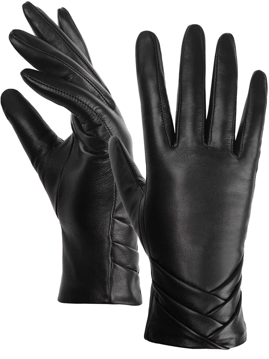 GSG SINCE 1998 Dames lederen rijhandschoenen – Chrome-vrij schapenvacht, touchscreen-compatibel, warme winterhandschoenen met wol of fleece voering W24005, Donkerblauw, L