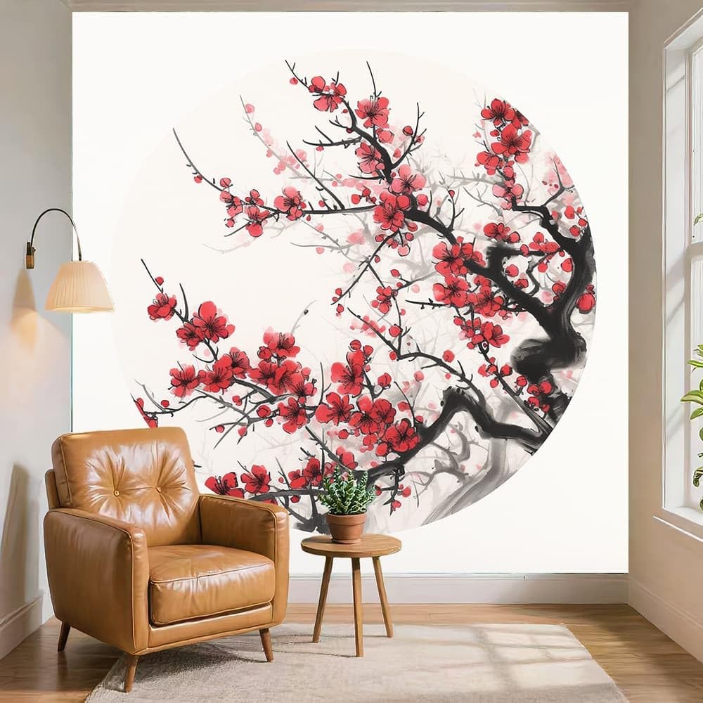 Wodoodporna, bezzapachowa tapeta do wnętrz 300 x 210 cm farba atramentowa śliwkowe kwiaty usuwalny fresk ścienny dekoracja biała fototapeta do mebli salon łazienka sypialnia szafa