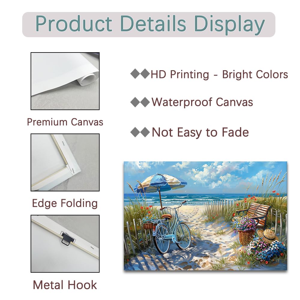 ZQQART Lienzo de playa para pared, diseño de bicicleta junto al mar con flores, cuadro de paisaje costero para decoración de baño (playa 3,16 cm x 61 cm)