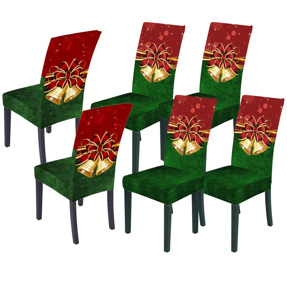 SANACYNA Set of 6 pcs Merry Christmas Red Small Bell Dining Room Chair Covers Slipcovers Spandex Fabric Seat Slipcover Washable Removable Parsons Chair Protector Kitchen Hotel Ceremony Universal Size