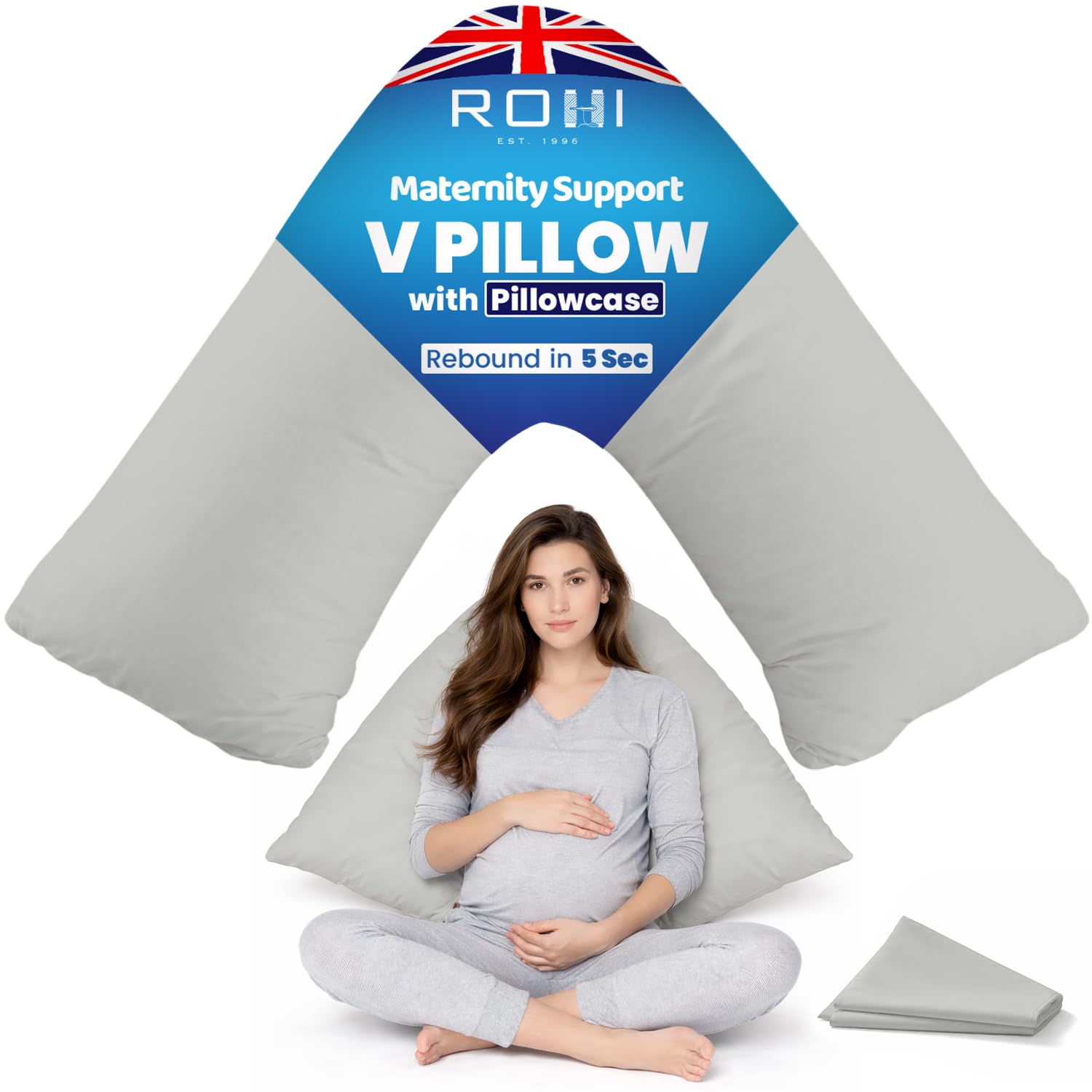 Rohi Silver Orthopaedic V Pillow With Pillowcase – Anti Allergy Triangle Pillows For Adults, Nursing, Maternity & Pregnancy – Extra Hollowfibre Cushioning To Supports Neck, Head & Back (Silver)