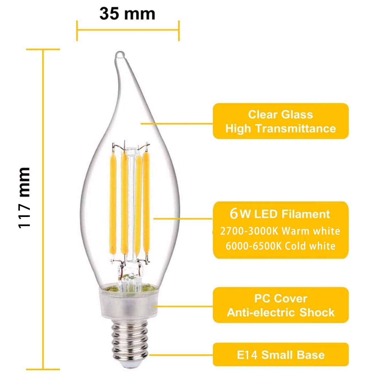 Bombilla filamento LED 110 V, portalámparas regulable, cálido/blanco frío, bombilla decorativa lámpara, sin parpadeo, paquete 6, cálido