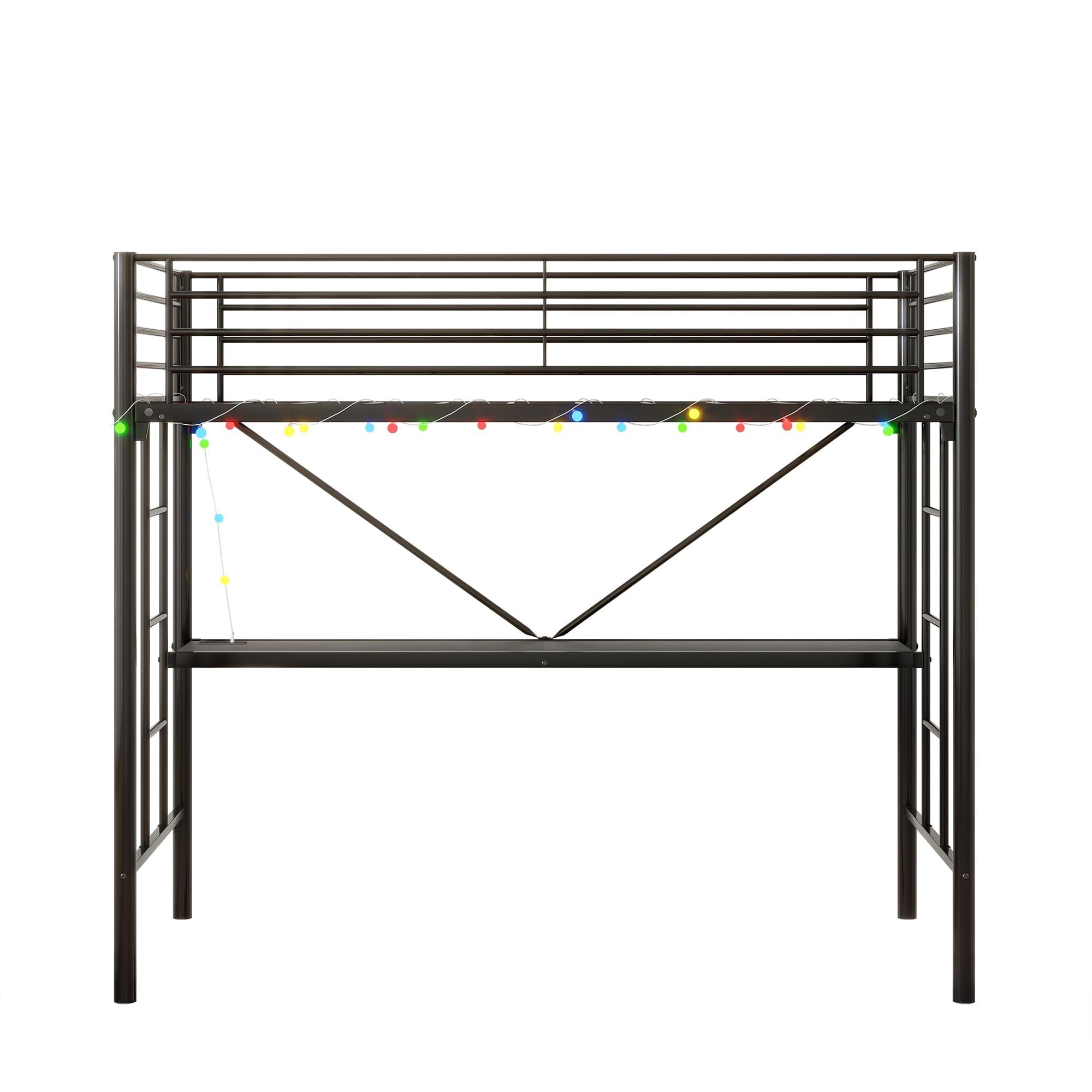 HXUHUWS Twin Metal Loft Bed with Desk & Power Outlet, LED Lights, Safety Guard, Kids' Bedroom, Black