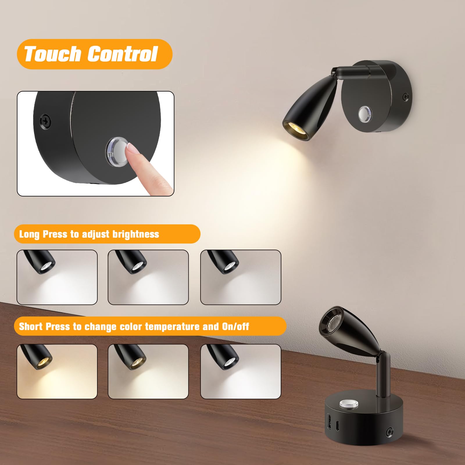 ERWEY Lampe de lecture LED 12V camping-car Touch Dimmable 3 modes de température de couleur, lampe murale avec connecteurs USB A+C, DC 12V-24V pour bateau voiture camper van yacht, Noir