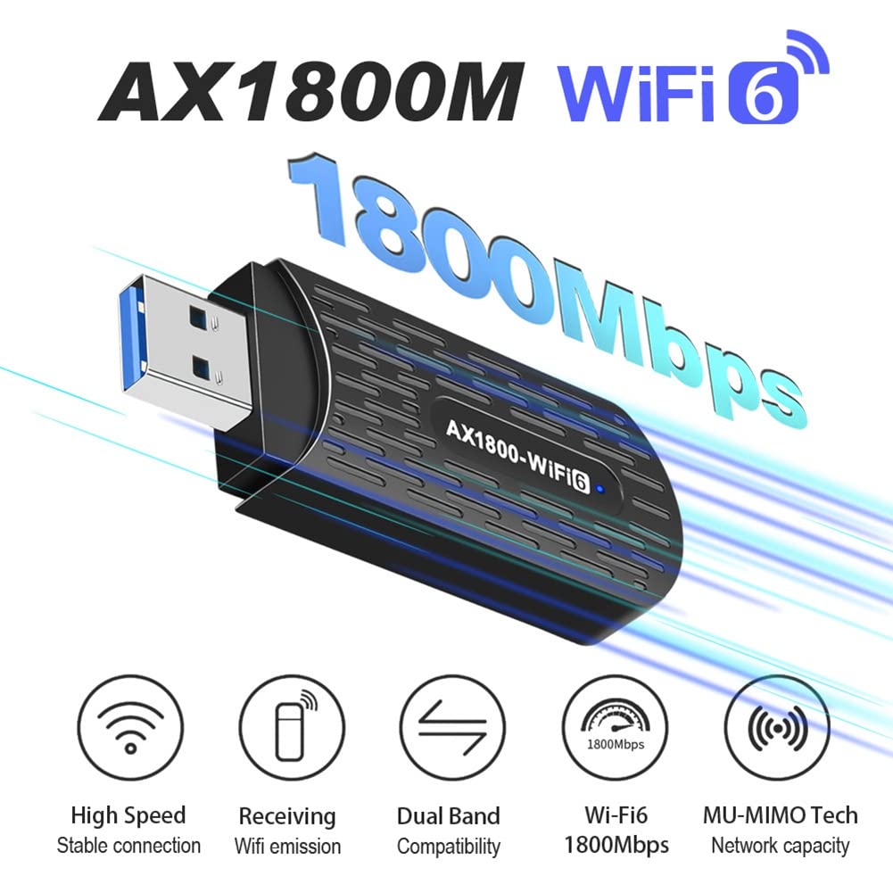 Adattatore WiFi USB 1800 Mbps Dual Band AX1800 2.4G/5GHz scheda di rete WiFi Dongle USB3.0 per PC, laptop, Windows