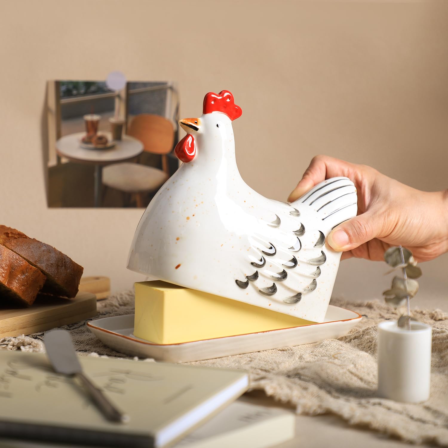 Beurrier Céramique Forme Poule - Style Rétro - Lavable Lave-Vaisselle