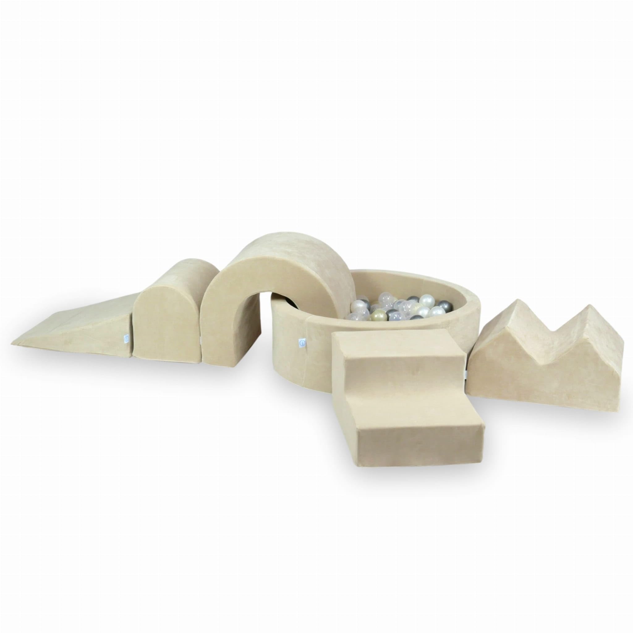 Mimii Parco giochi in schiuma con piscina di palline rotonda, 90 x 30 cm, Velvet Soft Beige, grandi mattoncini per gattonare e arrampicarsi (200 palline: trasparente/perla/argento/oro chiaro)