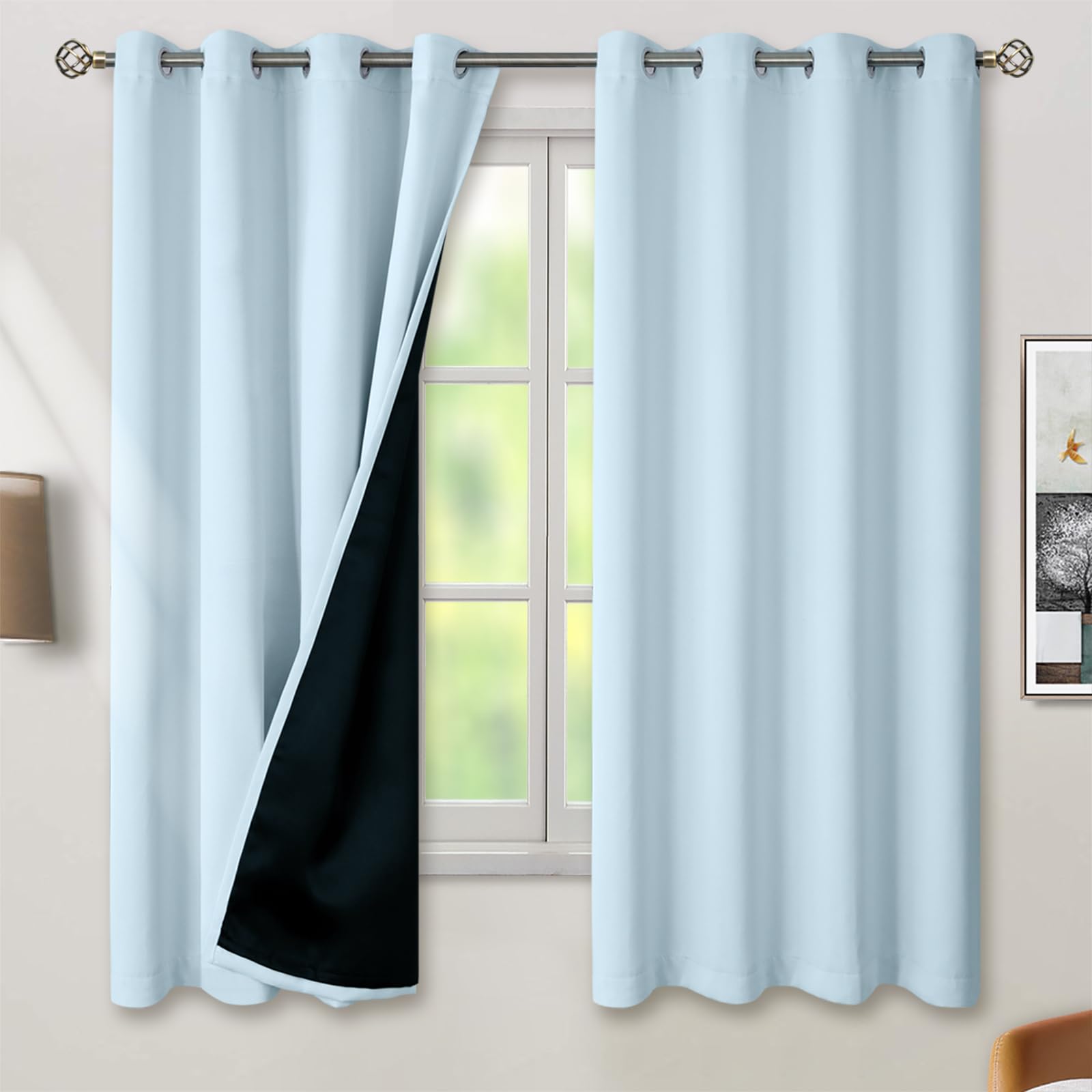 BGment Baby Blue 100% Blackout Curtains for Nursery Bedroom 63 Inch Length 2 Panels, Thermal Insulated Full Light Blocking Grommet Noise Cancelling Window Curtains for Kids Room, 52 Inch Wide Each