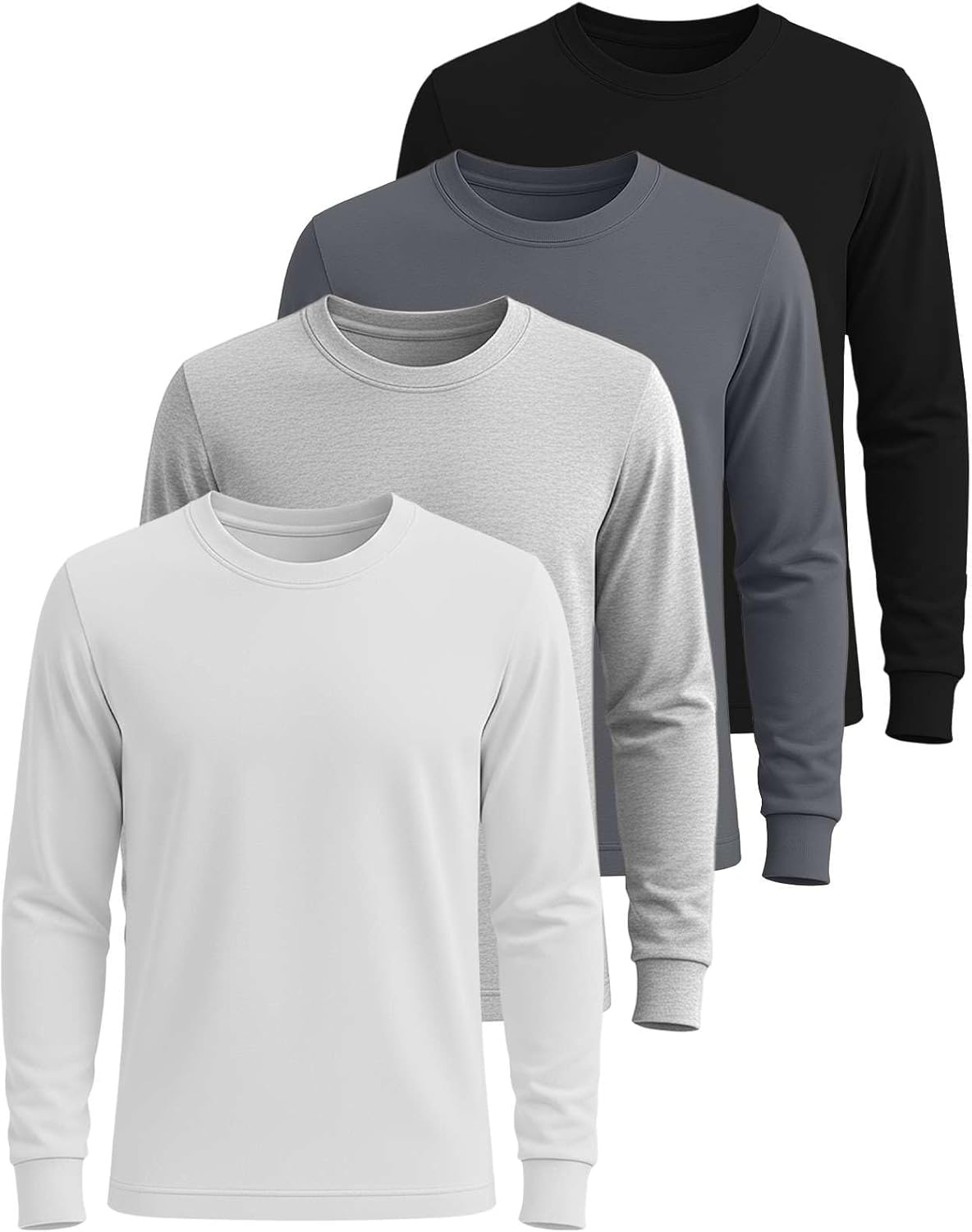 Real Essentials 4 Pack: Men's Cotton Long Sleeve Crew Neck T-Shirt - Soft Work Casual Jersey Tees
