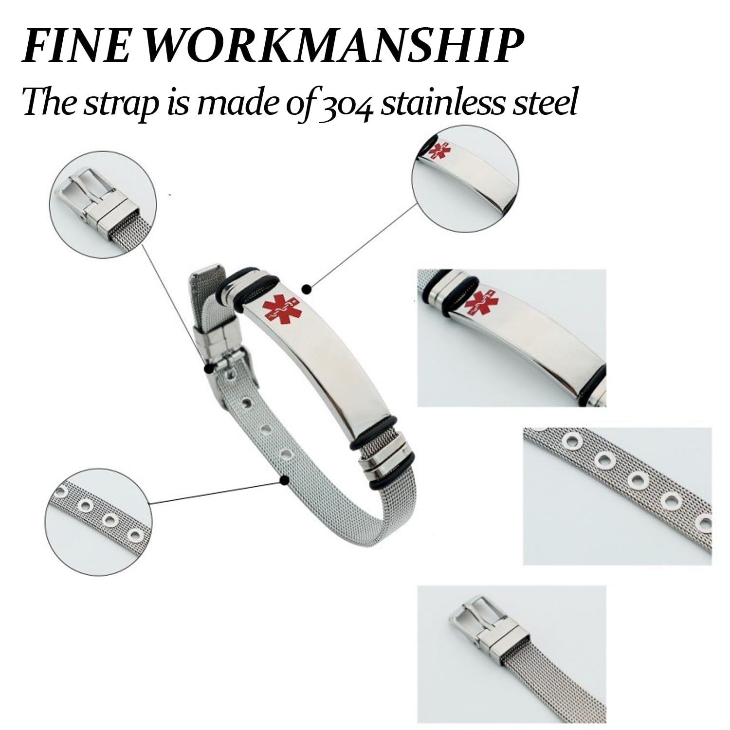 Bracelet d'alerte médicale pour homme et femme en acier inoxydable avec gravure laser gratuite
