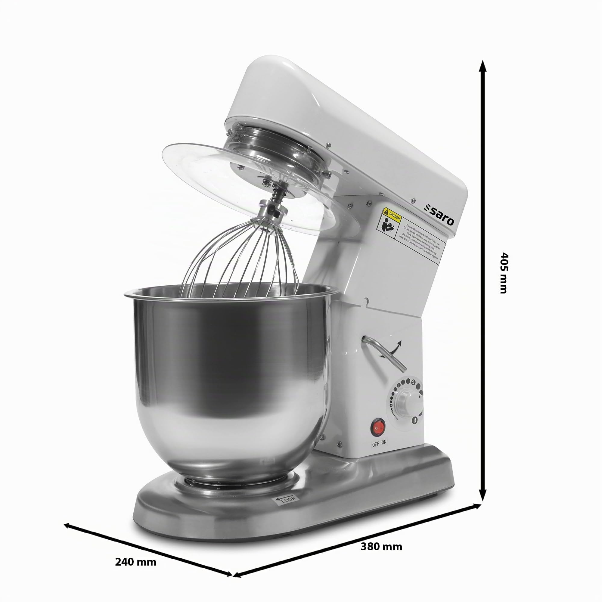 SARO FP 107 Batidora planetaria, incluye gancho amasador, batidor de varillas y batidor plano, recipiente de acero inoxidable, 7,5 l, velocidad continua, 0,5 kW