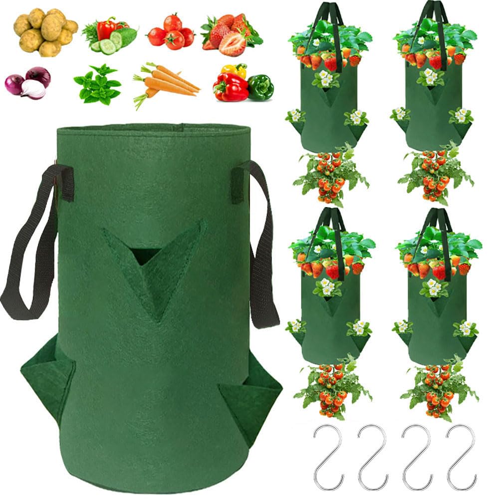 4Pack Upside Down Strawberry Planter, 3 Gallon Hanging Grow Bags for Tomato Vegetables 6 Planting Holes with 4 Hooks,Upside Down Strawberry Plant Hanger Vegetable Planting Bags for House (Dark Green)