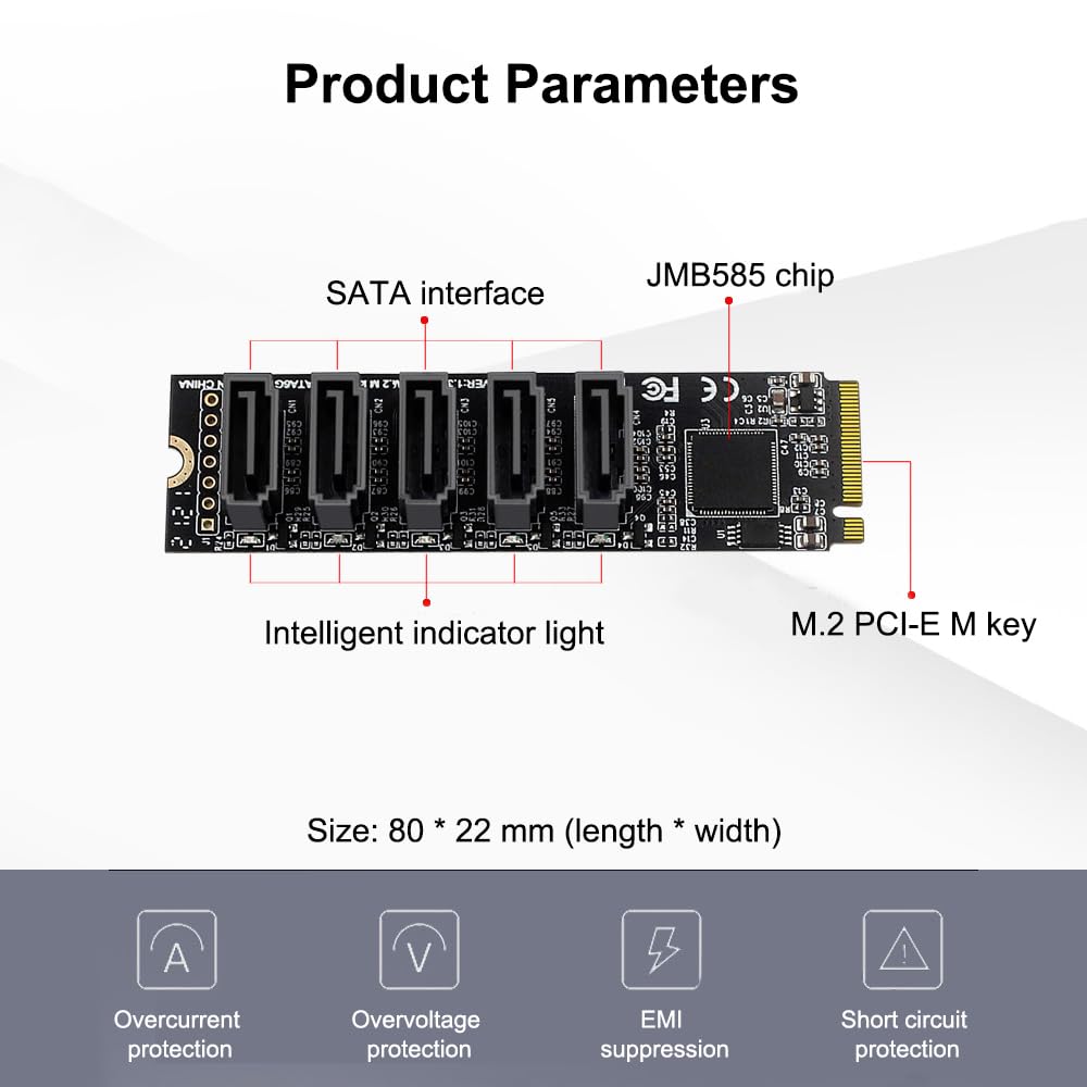 POFET Adattatore NVME a SATA M.2 a SATA a 5 porte con dispositivo di raffreddamento in alluminio JMB585 e funzione PM