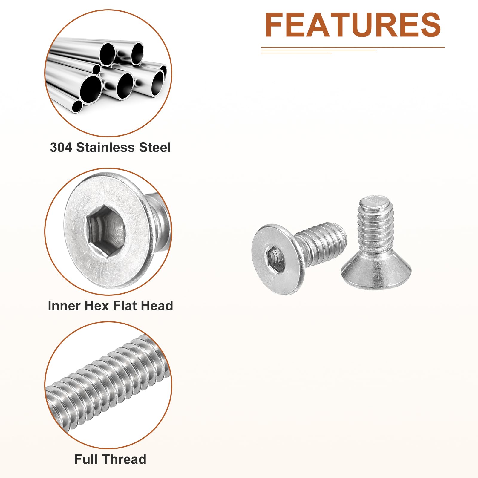 DTGN #8-32 x 3/8" Flat Head Socket Cap Screws, 50 Pack 304 Stainless Steel Hex Socket Flat Head Screws, Full Thread, Countersunk Bolts - Image 4