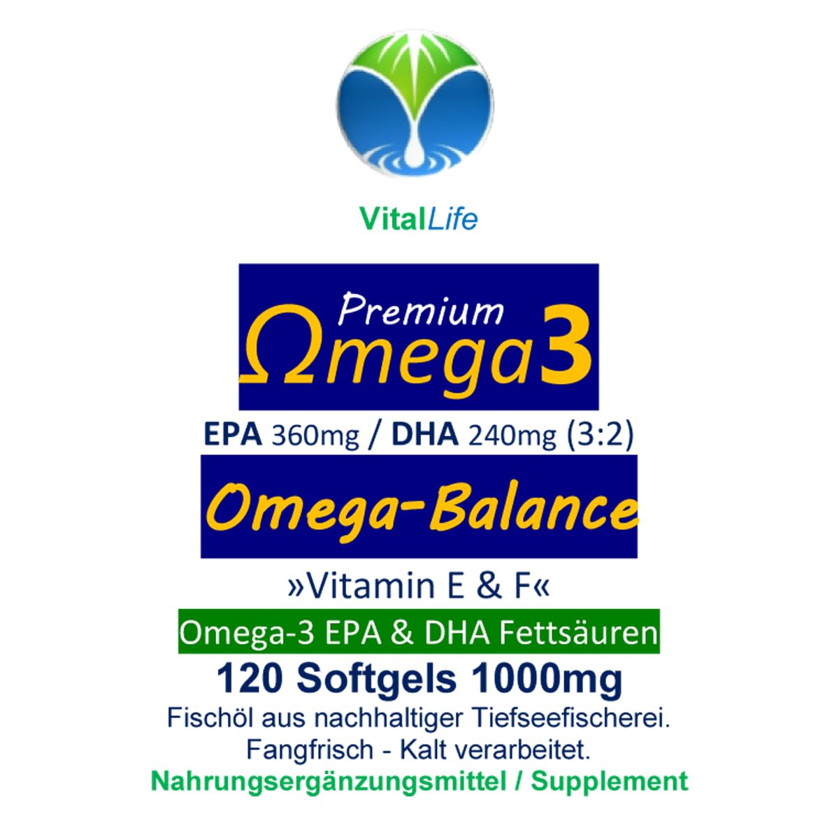 OMEGA 3 EPA + DHA - Fischöl 2000mg/Tag - 360 (3x120) PREMIUM ARKTIS Kapseln für HERZ - NERVEN - BLUT - GEHIRN - SEHKRAFT - KREISLAUF - Ohne Fischgeschmack - OHNE ZUSATZSTOFFE. 27055-3