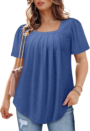 Miniatura 4 de BETTE BOUTIK Blusas de verano para mujer, de manga corta, plisadas, cuello cuadrado, túnicas, camisas, blusas, tallas S-3XL