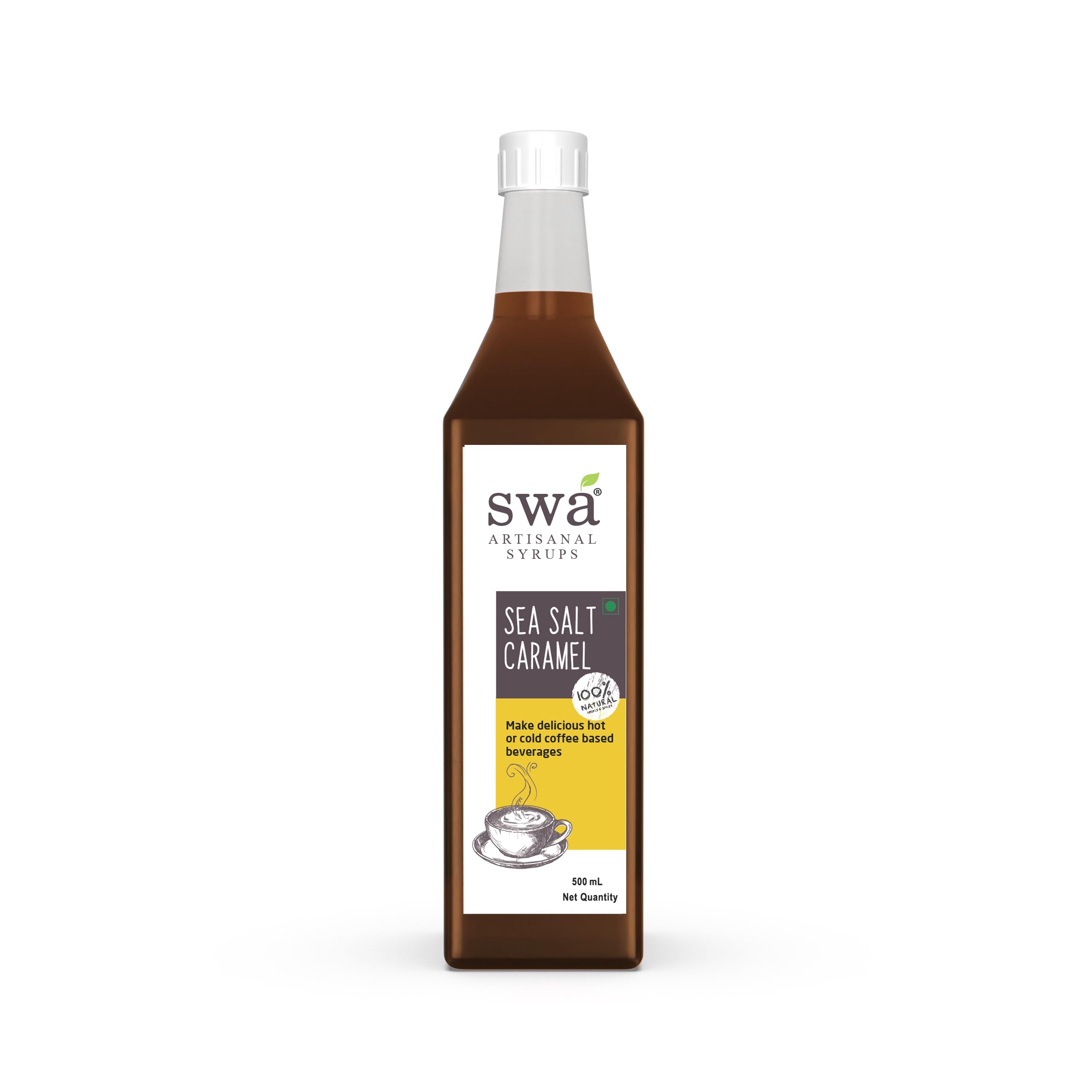 Swa Artisanal Indulgence Flavored Syrup of 500 ml | Ready to mix | 100% Natural | Makes 16-18 Drinks | Fruit Syrup for Milk Shakes, Coffee, Frappe, Smoothie (Sea Salt Caramel)