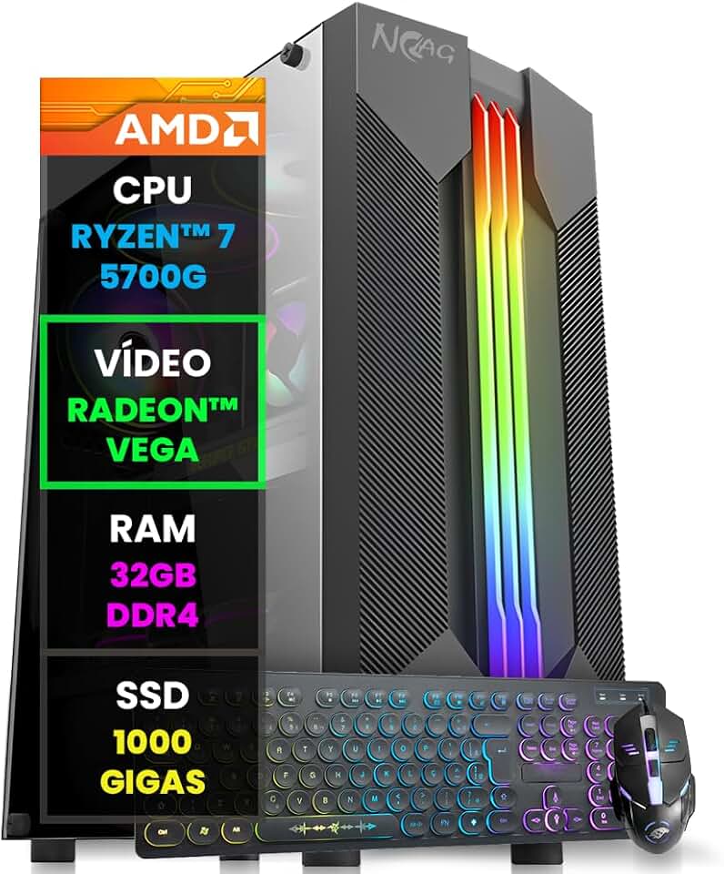 Pc Gamer Computador Completo NoLag Amd Ryzen 7, Radeon™ Graphics Vega, 32GB Ram, SSD 1TB, Gabinete RGB