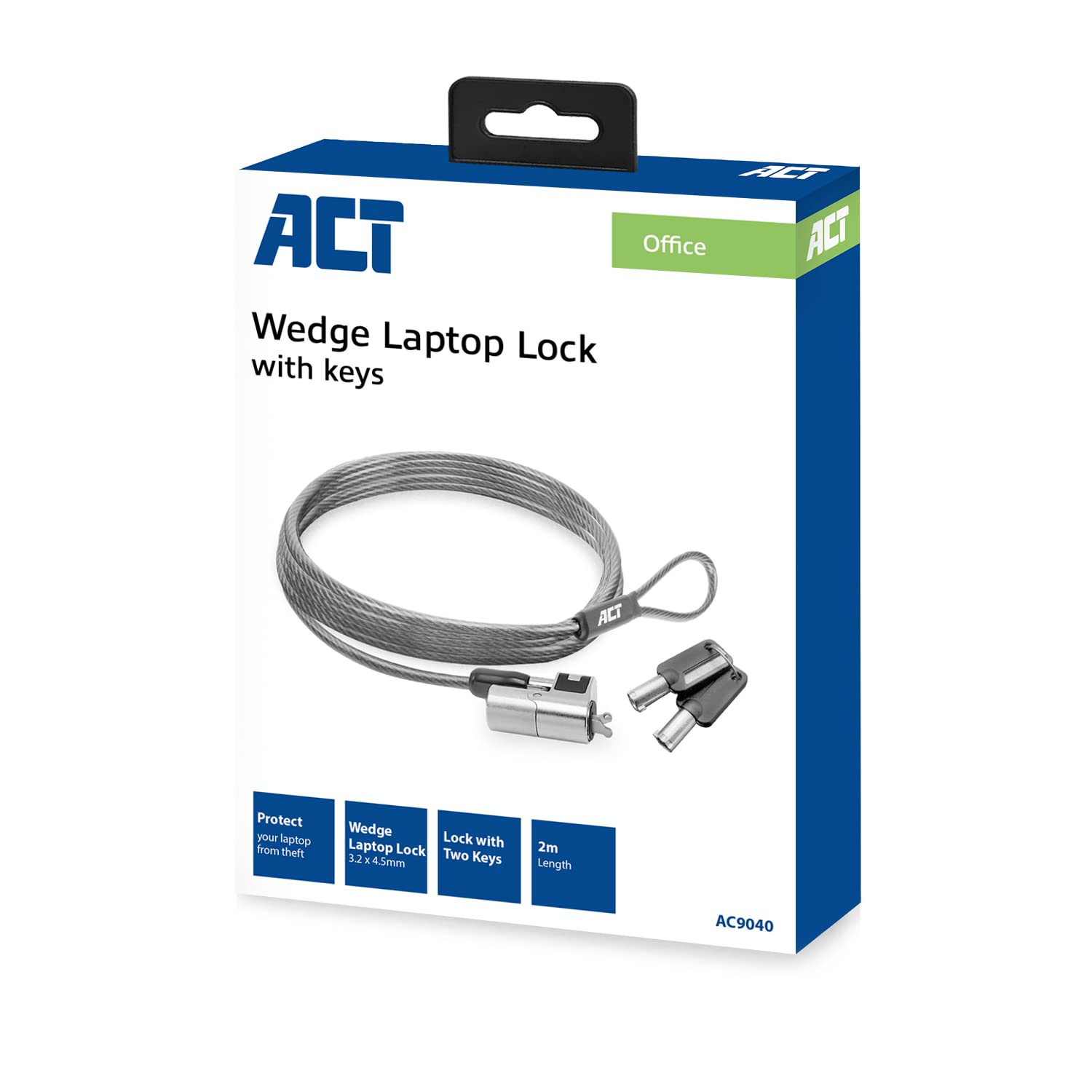 Act Cable de Seguridad para portátil (2 m, con Llave, Ranura para cuña, Cabezal de Bloqueo Giratorio, candado para portátil DELL, Cable antirrobo portátil, AC9040)