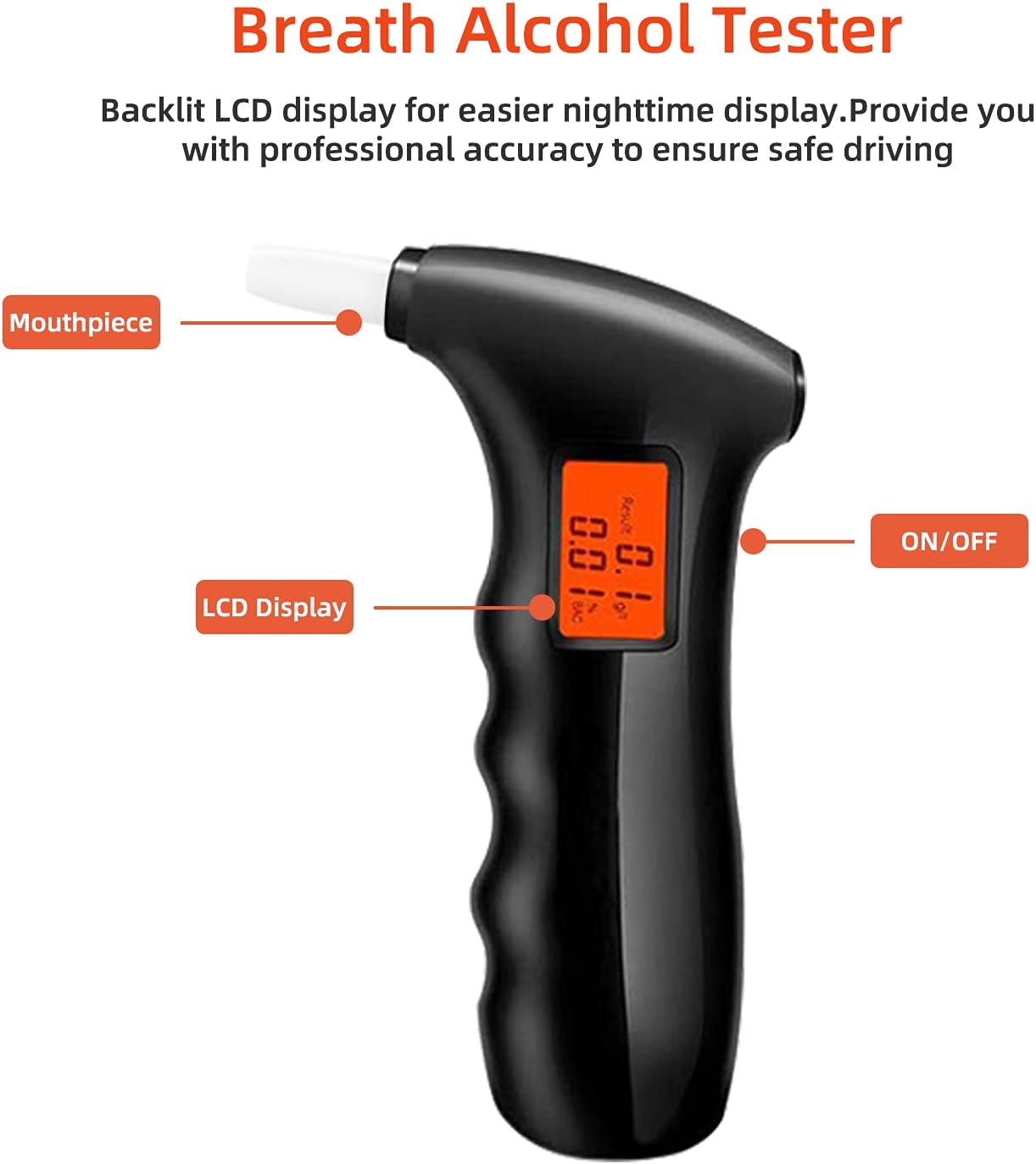Portable Alcohol Tester, Professional Breathalyzer Digital LCD Display Auto Power Off Sound Alarm with 5 Mouthpieces for Drivers or Home Use, Black