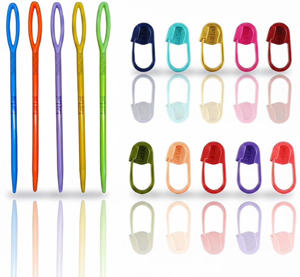 Plastic Locking Knitting Crochet Stitch Markers (20 Pcs, Multicolor) + Colourful Large Eye Plastic Sewing Yarn Needles Cross Wool Weave Stitch Crochet Needles (2 pcs)-image-11