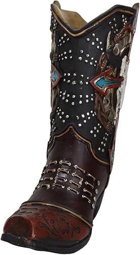 Miniatura 2 de Ebros Gift Rústica Country Western Cow Skull Turquesa Cruz y Alambres de púas de cuero sintético de vaquero Bota de vaquero decorativa florero o