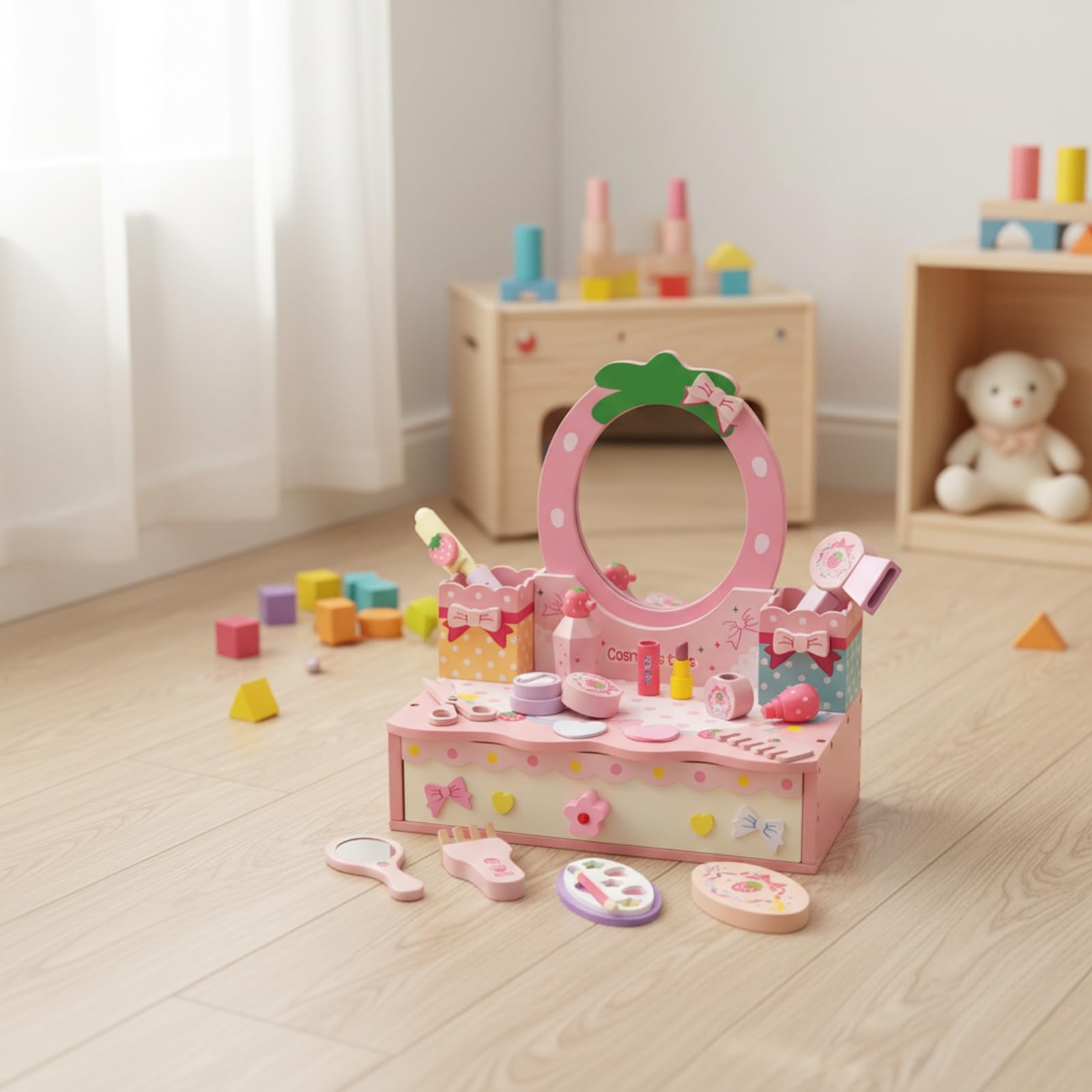 Tocador de Juego Infantil Tocador de Juguete Mesa de Maquillaje Espejo Almacenaje con Cajones Madera Robusta Tamaño de Habilidades Finas y