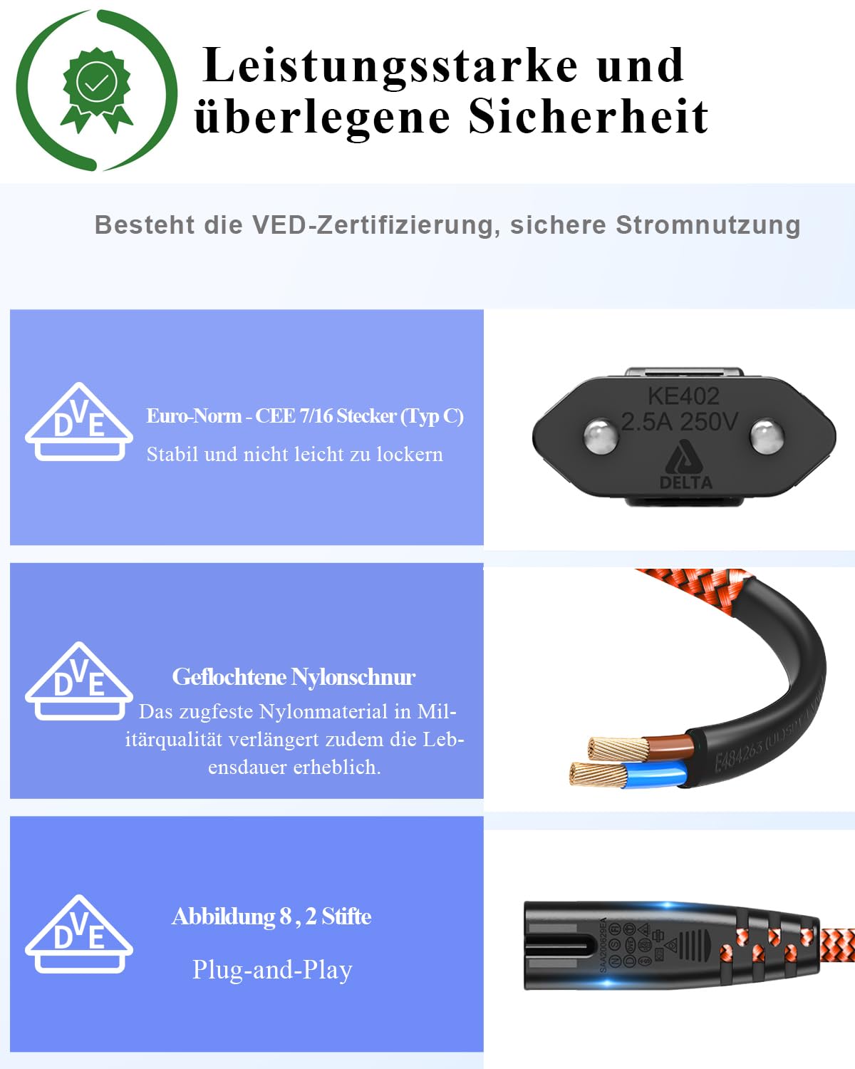 Cavo di alimentazione a 2 poli, 6 m, cavo di alimentazione, spina di tipo C, spina europea (CEE 7/16 su C7), in nylon, con VDE per PS5, PS4, PS3, Xbox Serie X/S