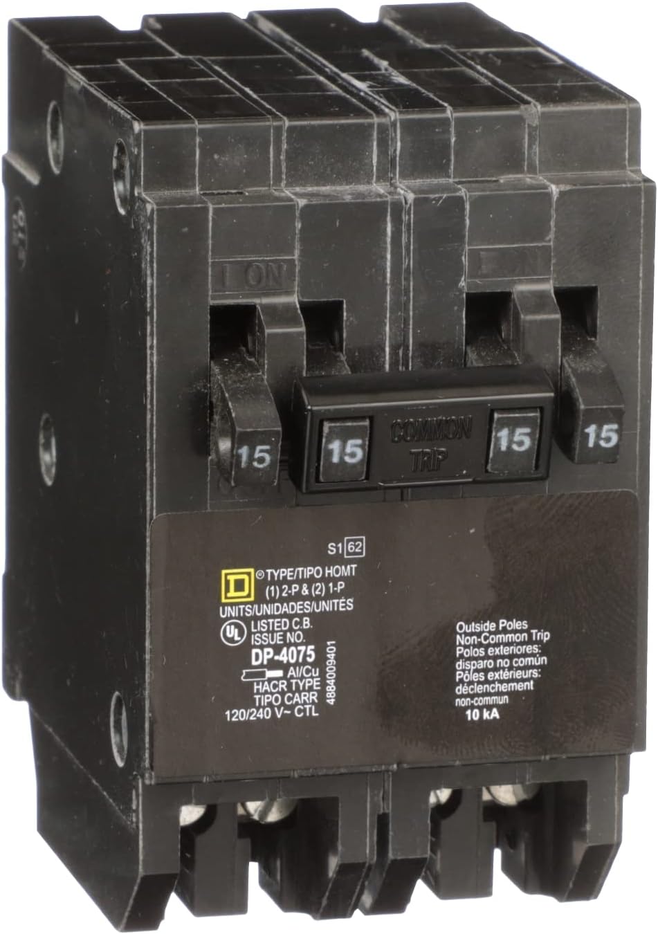 Square D by Schneider Electric HOMT1515215CP Homeline Tandem Circuit Breaker, 2x1 Pole, 1x2 Pole, 15A, 120/240VAC, 10kA AIR, Plug in, UL, Black