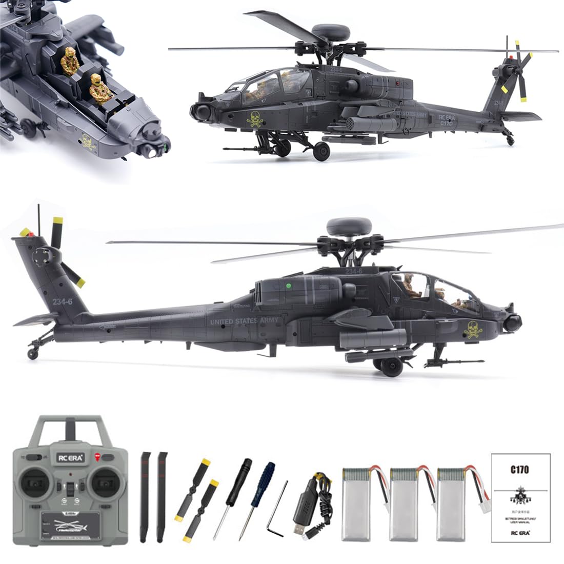 1/48 C170 RC ERA AH-64D Apache RC Elicottero RC (pilota disegnato a mano) 2,4 GHz a 6 canali Flybarless con posizionamento ottico del flusso, mantenimento dell'altezza TOF, volo indietro con un