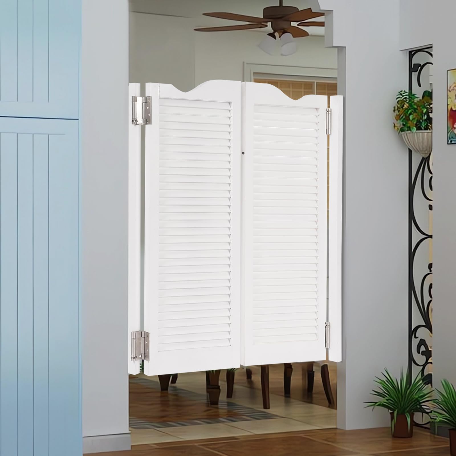 Puerta Vaivén Doble 107x91cm Blanca Diseño Persianas de Madera de Pino para Pasillo, Cocina u Hogar, Separador de Ambientes, Instalación Sencilla, Apta para Oficinas y Espacios Interiores