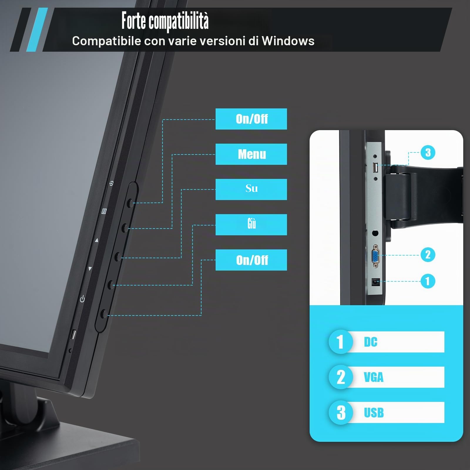 Monitor touchscreen LCD da 17 pollici, alta precisione, con penna, risoluzione 1280 × 1024, inclinabile orizzontalmente e verticalmente, display touch con VGA + USB, schermo per ristoranti