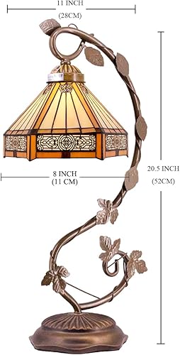 Miniatura 3 de WERFACTORY Tiffany - Lámpara de mesa de vitral, diseño hexagonal amarillo, luz de lectura, base de hojas de metal, 8 x 10 x 21 pulgadas, decoración