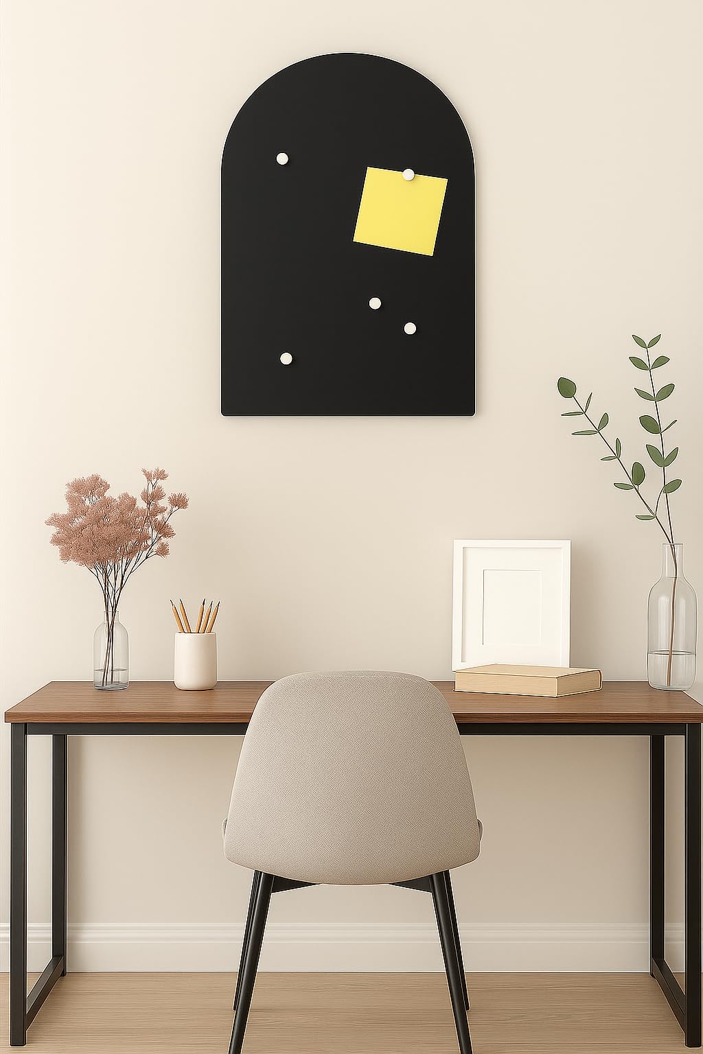 BEHE Metall Magnettafel Modern,40 x 60 cm, MetalBoard Memoboard für alle Magnete, Magnetpinnwand für Notizen & Fotos - Made in Germany (Rundbogen, schwarz)