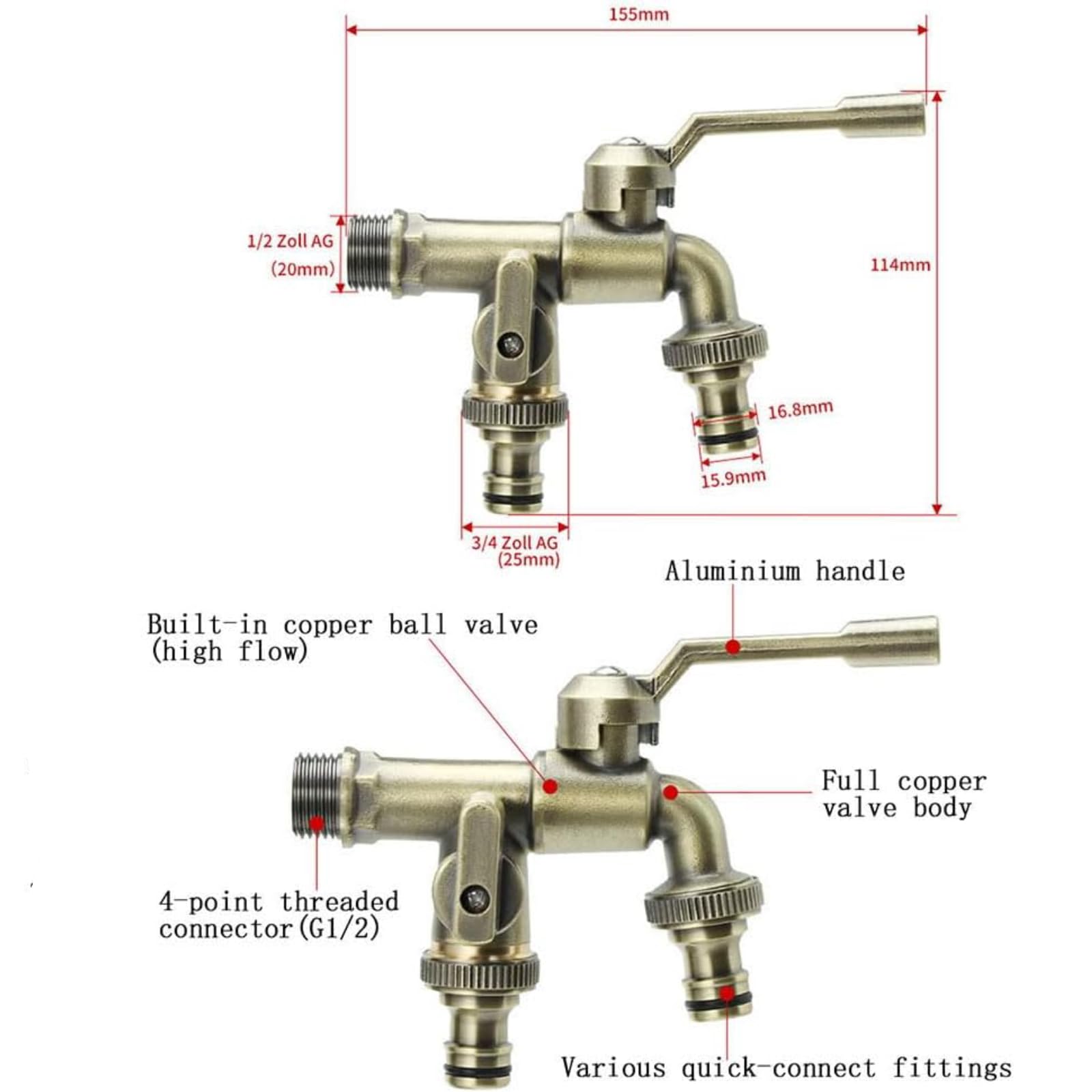 Kit de Grifo de Agua de Doble Grifo Al Aire Libre, a Prueba de Latón Montada en la Pared de 3/4 Pulgadas a Prueba de Heladas de Latón Fuera de la Antigua División de Agua de