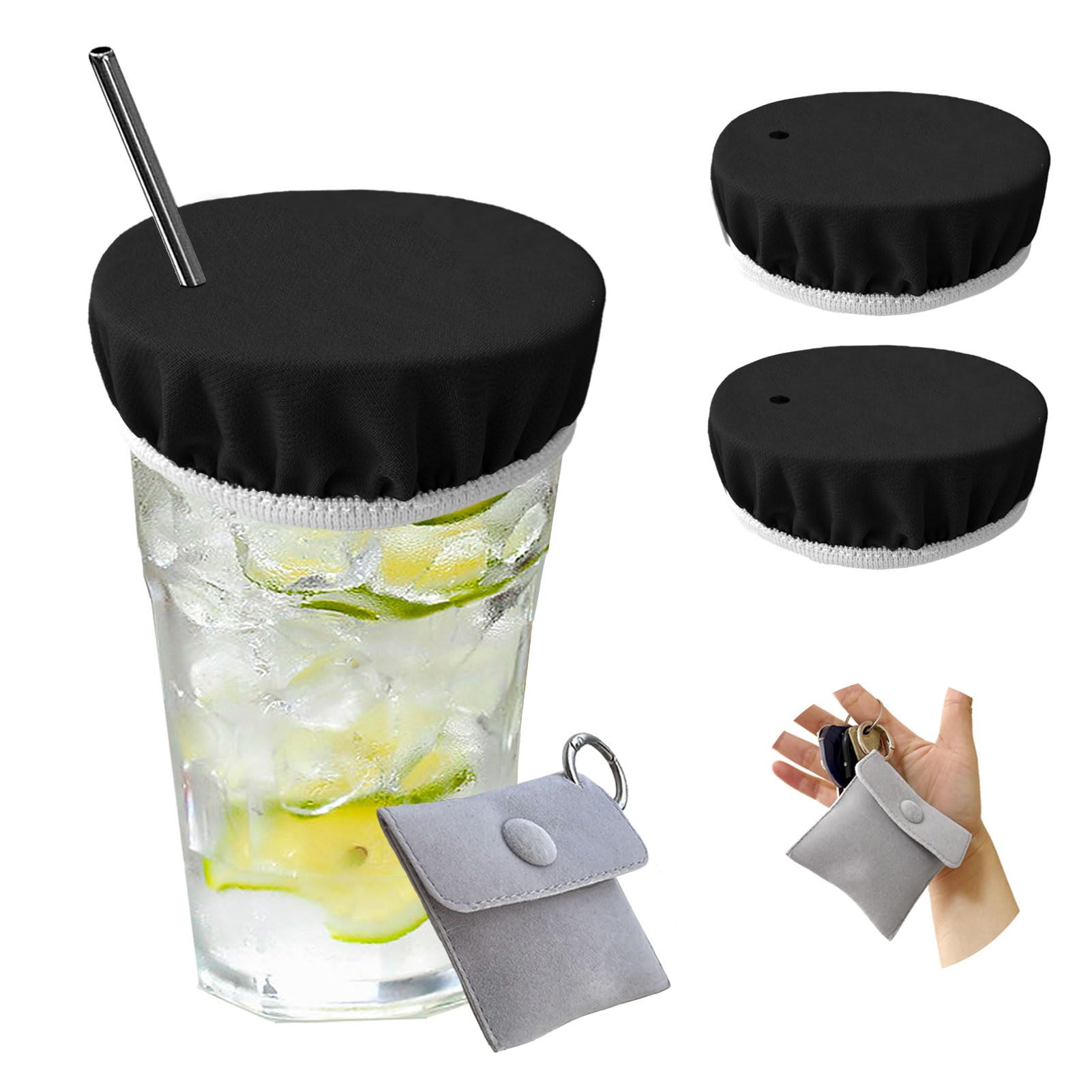 Drink Covers for Alcohol, Reusable Cup Cover with Straw Hole, Easy to Carry/Clean, Thoughtful Packing with Key Ring (Black)